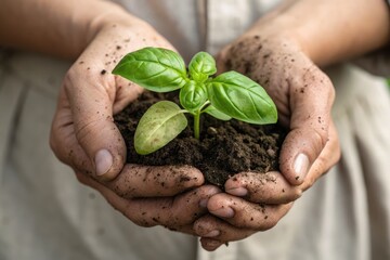 A small basil plant sprouts from soil, held gently in cupped hands, symbolizing care.
