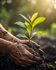 Hands holding a small plant, emphasizing the beginning of life in nature and showing caring.