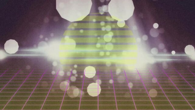 On start white dodecagon appearing causing orb pulsating and particles drifting for retro effect