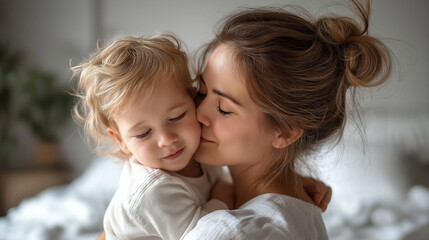 Happy mother gently hugging little daughter at home with warm natural light, family love and bonding concept
