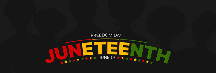 African American Juneteenth celebration word on dark background with black people silhouettes....