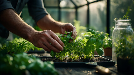 Male gardener planting young green herbs in greenhouse with warm sunlight, sustainable farming concept
