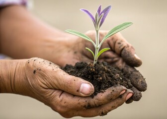 Person's hands holding a small plant with soil, symbolizing life and growth.