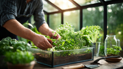 Close-up of hands harvesting organic lettuce leaves in greenhouse under natural sunlight, eco farming theme
