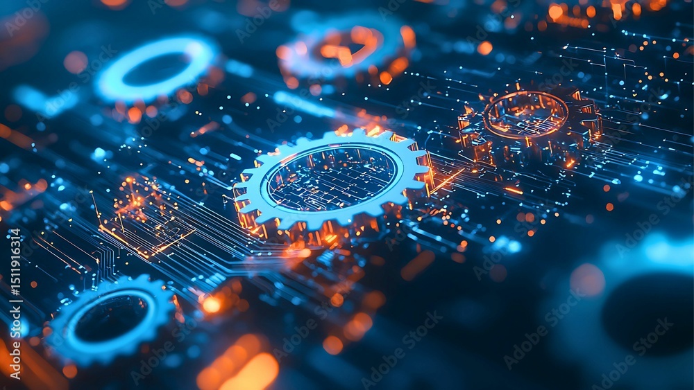 Poster a close-up image of glowing gears connected by circuits representing technology. the image is domina