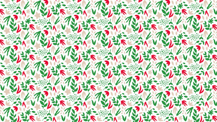 Seamless pattern of green leaves red flowers and beige shapes on a white background in a flat design style
