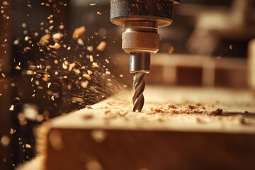 Precision drilling action workshop close-up image woodworking environment focused viewpoint tool mastery concept