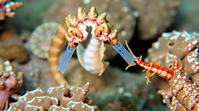 Long-snouted seahorse (Hippocampus guttulatus) with its food, opossum shrimps (Mysida)