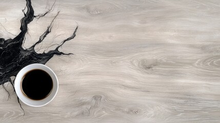 A white cup with black coffee sits on a light wood table.
