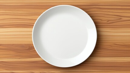 An empty white plate on a wooden table.