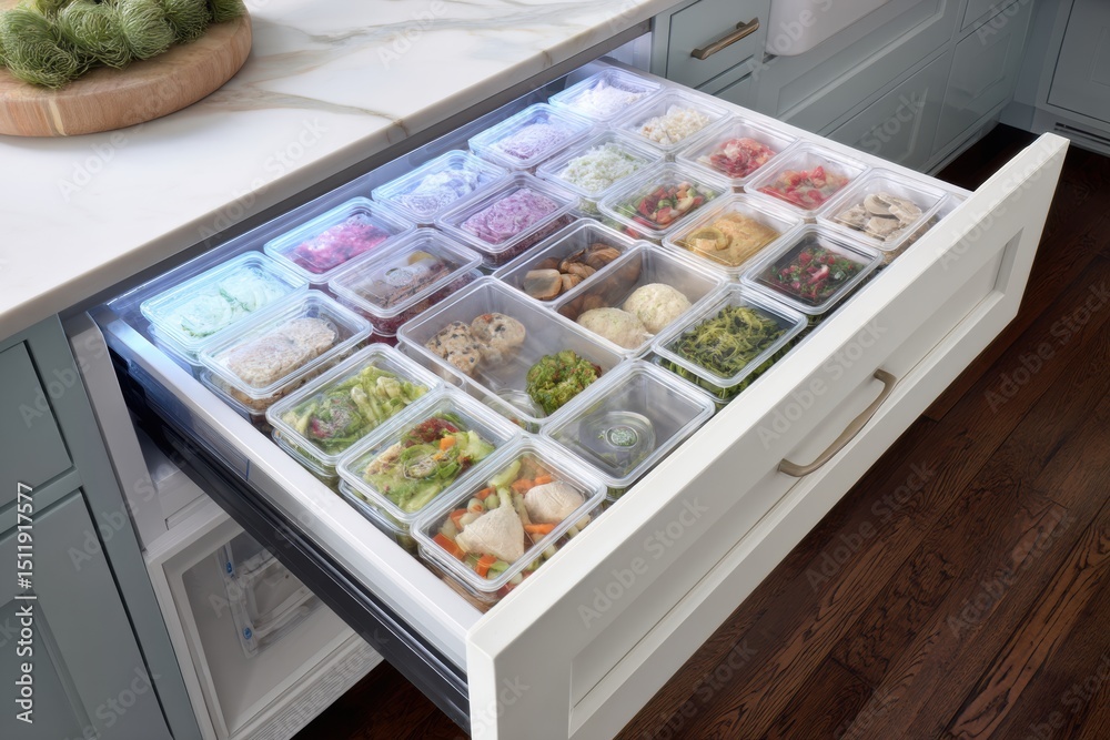 Poster Organized 3D Freezer Drawer With Neatly Arranged Sliding Trays Filled With Assorted Meals in a Bright Kitchen Setting