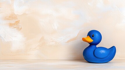 A blue rubber duck sits on a white surface against a beige wall.