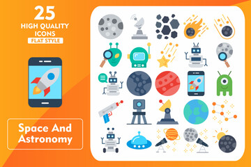 Space and Astronomy Flat Icon Set. Incleded Icons Moon, Satellite Dish, Rocks, Meteor, Asteroid, Alien, Astronaut Helmet, Falling Star, Robot, Planet. Vector Icons Collection