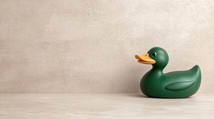 A green rubber duck with an orange beak sits on a light beige surface.