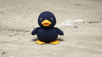 A blue plush duck with yellow feet and beak stands on a sandy surface.