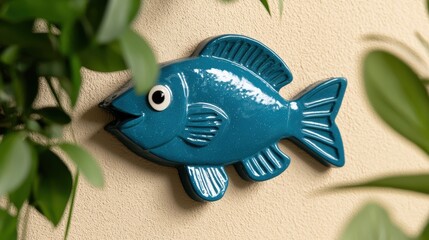 A blue fish decoration on a beige wall.