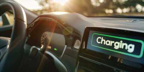 Dashboard screen show charging display electricity control console wheel and warm sunlight form windows green energy concept.