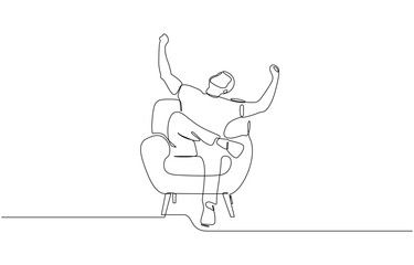 Continuous one line drawing. Young man relaxing in armchair, Young man relaxing in the chair and holding hands behind head. Back view. Vector illustration.
