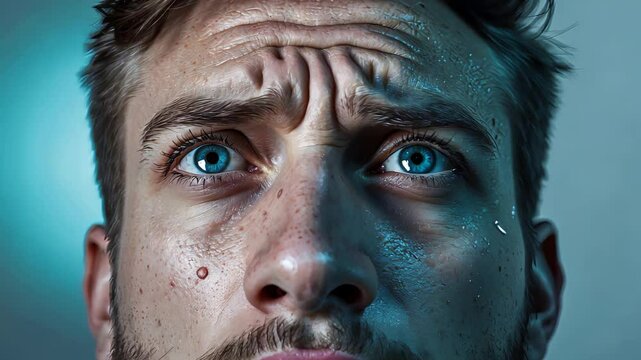 Close-up of a young man&rsquo;s expressive blue eyes and furrowed brow showing intense emotion under dramatic moody lighting and cinematic shadows

