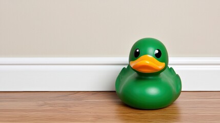 A green rubber duck with an orange beak sits on a wooden floor against a beige wall.