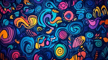 Naklejka premium Vibrant Abstract Swirls and Shapes on a Dark Blue Background Pattern