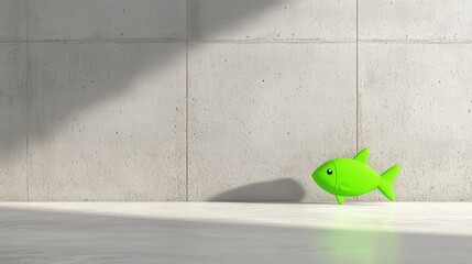 A bright green fish stands on a white floor against a gray wall.