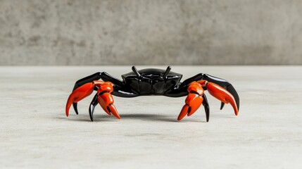 A black and orange crab with large claws and antennae sits on a light gray surface.