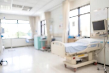 Blurry hospital room interior with empty patient bed