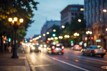 Blurry city street at night with glowing lights
