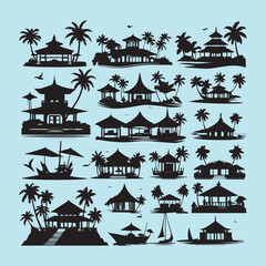 set of black various resort vector silhouettes isolated on white background