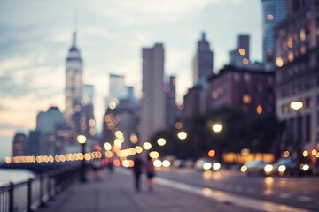 Blurry cityscape at dusk with lights and skyscrapers