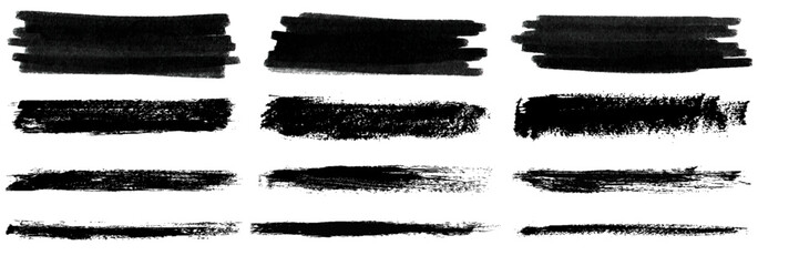 Straight line vector brush strokes. Black hand drawn stripes, smears. Chinese or Japanese calligraphy brushstrokes set. Rough grunge thick paint line texture.