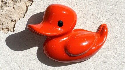 A red rubber duck with a black eye and beak.