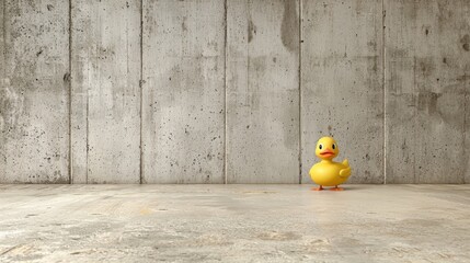A yellow rubber duck stands on a concrete floor against a gray wall.