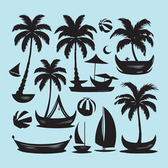 set of black various resort vector silhouettes isolated on white background