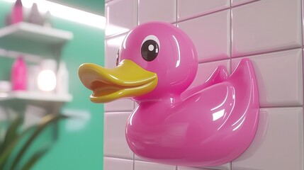 A pink rubber duck with yellow beak and feet is mounted on a white tiled wall.