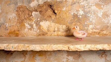 A small white duckling stands on a shelf against a wall.