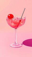 Refreshing Pink Cocktail Drink with Ice and Cherry Garnish in Elegant Glassware