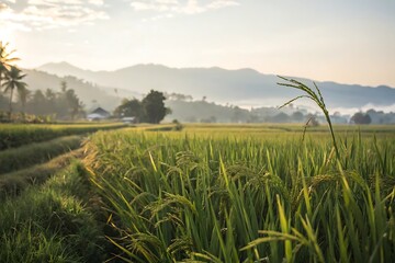 Serene rice field at sunrise with distant mountains