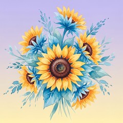 Fototapeta premium Watercolor sunflowers bouquet, floral arrangement, summer flowers, botanical illustration, art print design