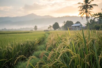 Serene rice field at sunrise with distant mountains