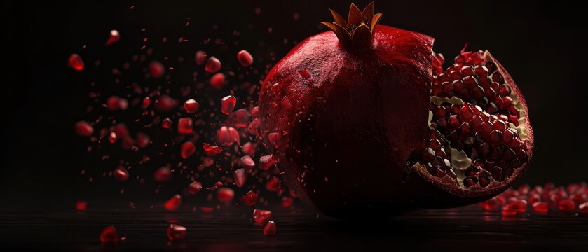 Red fresh juicy fruits pomegranate seeds bursting skin peeling off on dark background