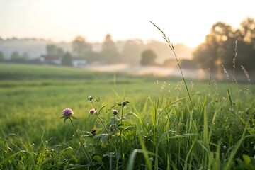 Serene morning meadow with wildflowers and mist