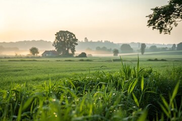 Serene morning landscape with misty fields and distant farmhouse