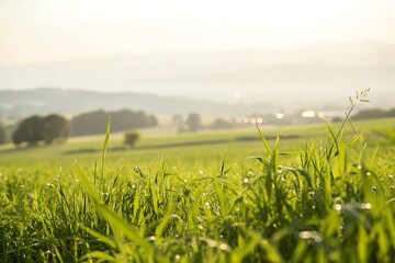 Morning dew on lush green grass in serene landscape