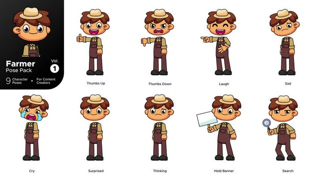 Chibi Farmer Vol 1 Animation Pack, 9 Cartoon Emotions on Greenscreen