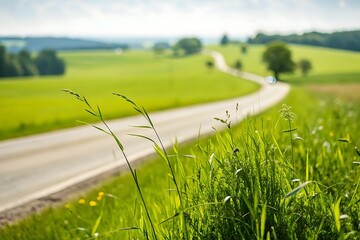 Serene winding road through lush green fields