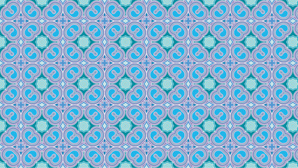 Repeating pattern of blue shapes and starbursts on a light background creating a seamless design effect