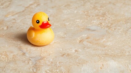 A yellow rubber duck with a red beak sits on a beige marble countertop.