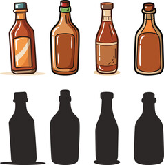 Four sauce bottles with various caps shown with their silhouettes, A collection of illustrations of sauce bottles in different styles and their corresponding silhouettes